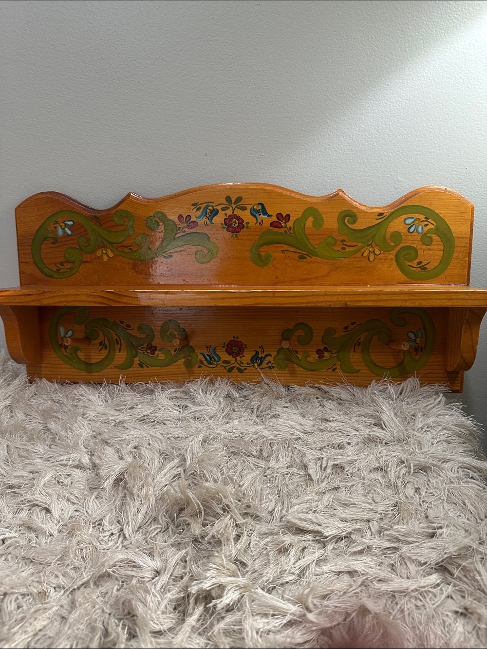 Vintage Handcrafted Wooden Folk Art Painted Shelf With Pegs Cottagecore Country